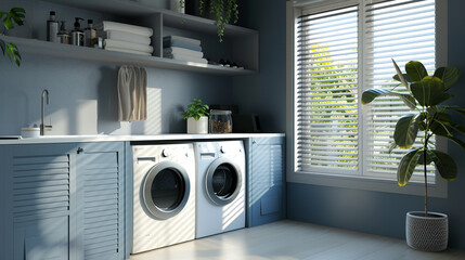 A clean and organized laundry room with washing machines, shelves with supplies, and a potted plant near the window.
