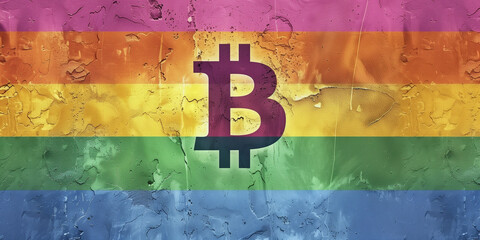 A bold Bitcoin logo against a textured rainbow flag, highlighting inclusivity in the crypto space