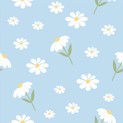 Seamless pattern with daisies on blue background. Vector illustration. Can be used for wallpaper, wrapping paper, cards, patterns for clothes and other.