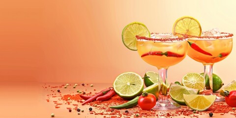 Mexican spicy margarita cocktails, banner with copy space