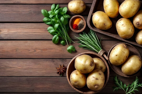 Fresh ripe potatoes, herbs, spices on wooden table, flatlay. Kitchen vegetables poster, banner, food wallpaper. Cooking backdrop, home cooking concept. Copy ad text space. Generative Ai illustration