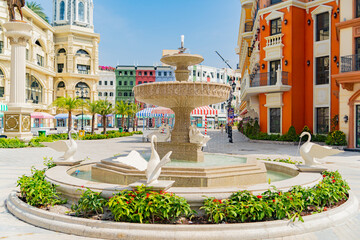 Architecture of buildings.
Shopping streets and streets with restaurants. VINPEARL in Vietnam, HARBOR. Entertainment Island, Vietnam Disneyland.