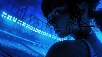 Kobieta stojąca przed oświetlonym stadionem w nocy, otoczona krzesełkami i niebieską aurą. - obrazy, fototapety, plakaty