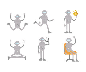 humanoid workers characters in various poses set vector illustration