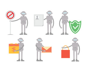 humanoid workers characters in various poses set vector illustration