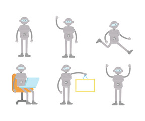 humanoid workers characters in various poses set vector illustration