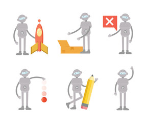 humanoid workers characters in various poses set vector illustration