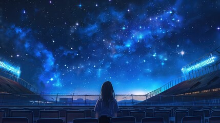 Kobieta stojąca przed pustym stadionem nocą. Patrzy na gwiazdy i drogę mleczną. Surrealistyczny obraz.