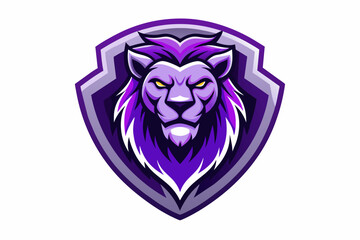 purple lion head logo in a shield 