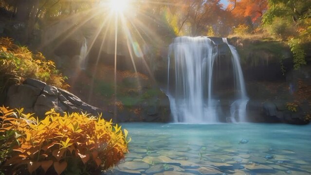 waterfall with clear water cascading over autumn foliage. Seamless looping 4k time-lapse virtual video animation background