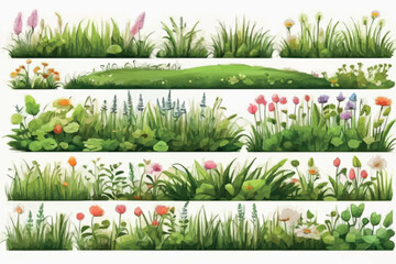 Obraz premium Green Grass flat icon set. Wild meadow herbs, flowers isolated on white background, Leaf borders, flower elements, nature background vector illustration. Green land concept for template design 