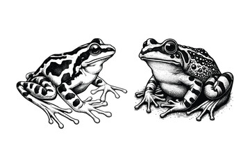 set of frog illustration. hand drawn frog black and white vector illustration. isolated white background - obrazy, fototapety, plakaty