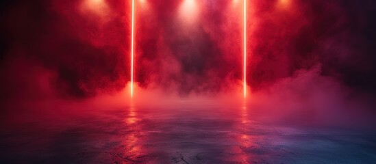 The concrete floor and studio room with smoke float with spotlights neon light red
