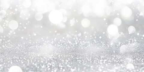 Naklejka premium white and silver glitter background with space for text, white and grey glitter bokeh . white bokeh blur circle variety Dreamy soft focus wallpaper backdrop,Christmas snow or anniversary banner