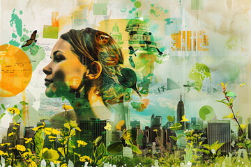 Woman's head, cityscape and nature in modern collage. Abstract collage of city buildings, birds, leaves, abstract textures and shapes. Balance in nature background. Ecology conservation, Earth Day