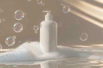 Liquid soap bottle with pump on textured fabric surrounded by soap bubbles. Hygiene and cleanliness concept. Design for bathroom accessories, poster, and banner