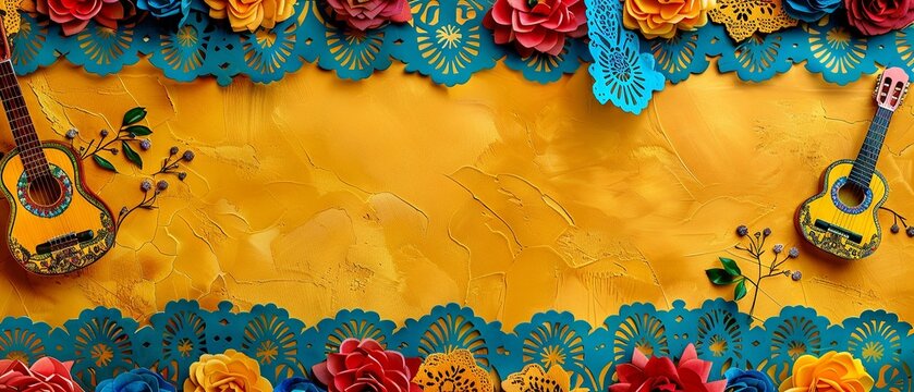 Mexican Culture-Themed Background with Papel Picado and Folklorico Dancers with Copy Space

