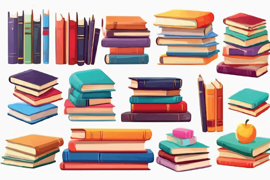 Book stack and single, closed and open in cartoon vector illustration set. Tall and small pile of literature with paper pages, colorful hardcover and bookmarks for education and reading concept.
