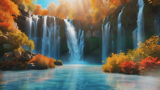 waterfall with clear water cascading over autumn foliage. Seamless looping 4k time-lapse virtual video animation background