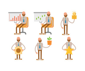 bald businessman in various poses character set illustration