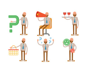 bald businessman in various poses character set illustration