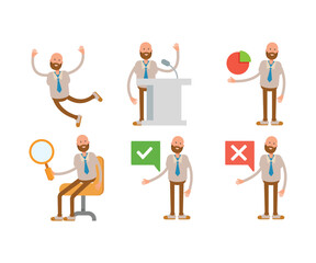 bald businessman in various poses character set illustration