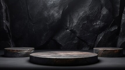 a podium for the demonstration of products with a pedestal made of black stone. Minimalistic showcase made of natural stone - obrazy, fototapety, plakaty