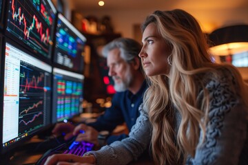 A focused man and woman are absorbed in analyzing fluctuating stock charts across multiple computer screens, reflecting the intensity of the trading floor. - obrazy, fototapety, plakaty
