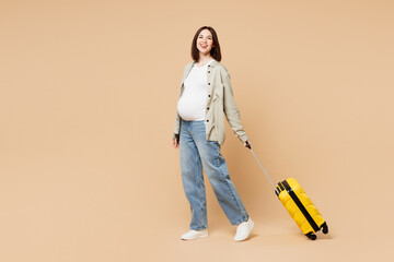 Traveler pregnant woman wear grey casual clothes hold suitcase bag ticket walk go isolated on plain...