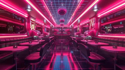 Ingelijste posters Futuristic Neon Diner Interior with Retro Vibes © roongtiwa