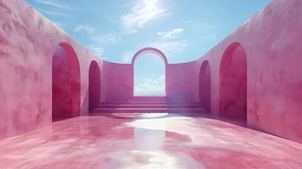 Cercles muraux Rose  3d Render, Abstract Surreal pastel landscape background with arches and podium for showing product, panoramic view, Colorful dune scene with copy space, blue sky and cloudy, Minimalist decor design