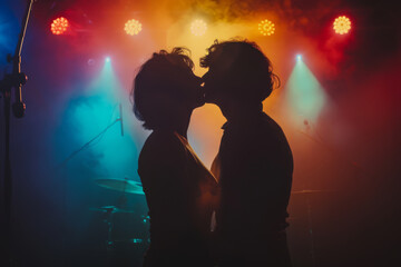 Couple kisses in a concert. Romantic scenes