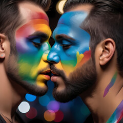 Naklejka premium Kiss Between Two Men with Rainbow Face Paint - Celebrating Love and Diversity 