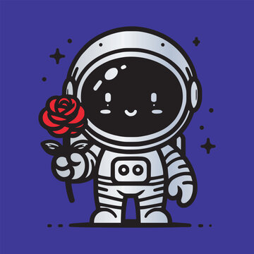 cartoon astronaut boy hold rose flower in hand vector illustration