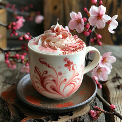 Cherry blossom latte art, in the style of naturalistic surreal - 760580681