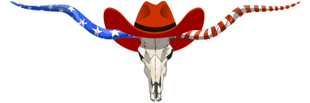 Texas longhorn skull Texas cow head with the stars and stripes of the USA flag isolated on transparent background ready for print