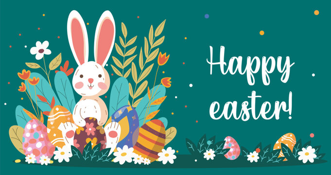  Vector Easter horizontal banner poster design of cute bunny with colorful eggs and spring flowers. Vector illustration space for text