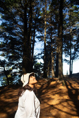 a woman observing the tops of the trees in a forest in southern Chile