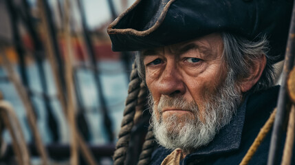 Weathered pirate with intense gaze and hat