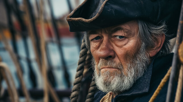 Weathered pirate with intense gaze and hat