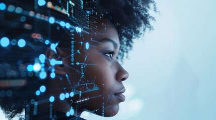 side profile portrait of a black female with a tech pattern overlay, portraying artificial intelligence and the future of ai in the workplace