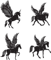 set of black and white silhouettes of vector horse