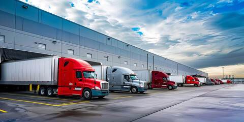 Semi Trailer Trucks on The Parking Lot. Trucks Loading at Dock Warehouse. - 760581206