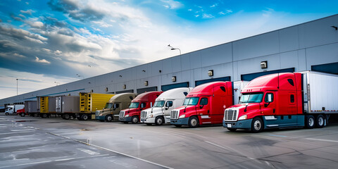 Semi Trailer Trucks on The Parking Lot. Trucks Loading at Dock Warehouse.