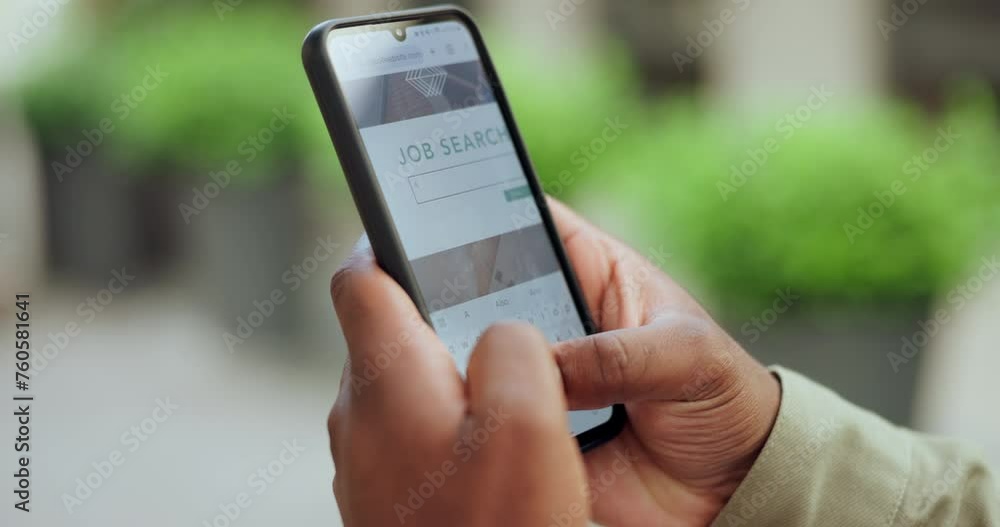 Poster cellphone, hands and person with online research for job, technology and typing on recruitment app. 