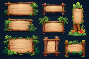 Set cartoon game panels in jungle style with space for text. Isolated wooden gui elements with tropical plants, flowers and boards. Illustration on white background. - obrazy, fototapety, plakaty