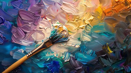 Paintbrush on colorful oil paint