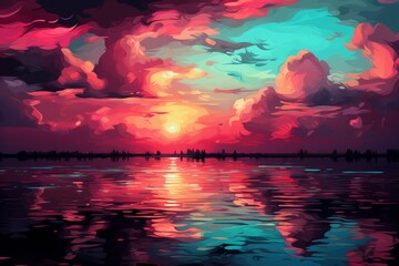 Vibrant sunset ocean painting with realistic waves in the style of nordahl, mumford, and koga - obrazy, fototapety, plakaty