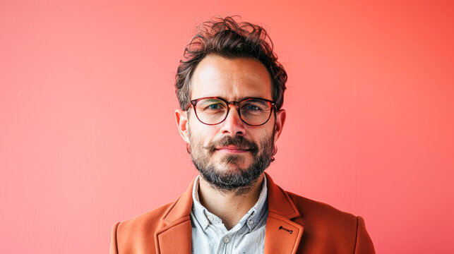 A man with glasses and a beard is wearing a red jacket and smiling. The image has a warm and friendly mood, with the man looking directly at the camera