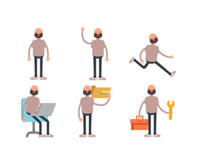 bald and beard man characters set in different poses vector illustration